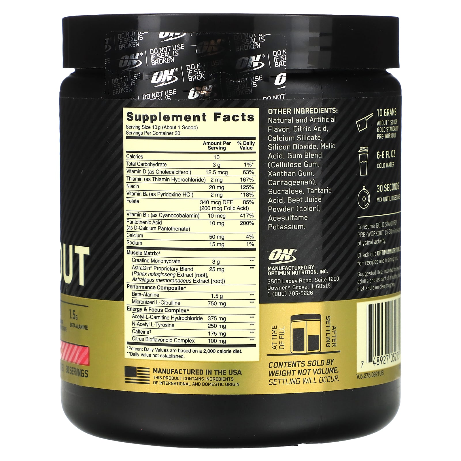 Optimum Nutrition, Gold Standard（ゴールドスタンダード）プレワークアウト、スイカキャンディ味、300g（10.