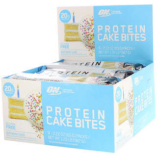 Optimum Nutrition, Bocadillos de pastel de proteínas, Pastel de cumpleaños, 9 barras, 63 g (2,22 oz) cada una