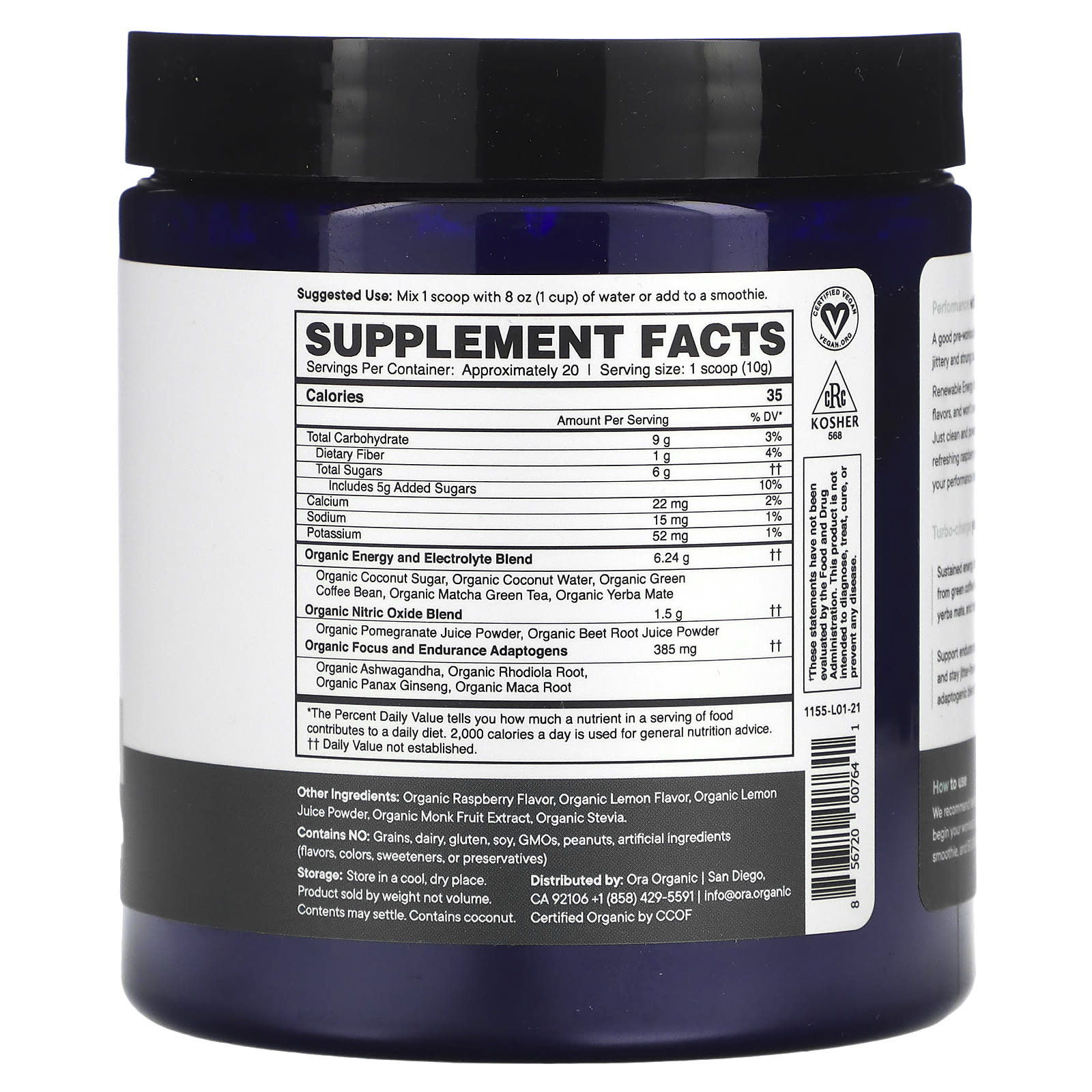 Ora, Renewable Energy, Performance PreWorkout, Raspberry Lemonade, 7.1