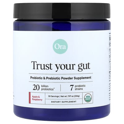 Ora, Trust Your Gut, Vegan Probiotic & Prebiotic Powder Supplement, Organic Apple & Raspberry Flavors, 7.9 oz (225 g)