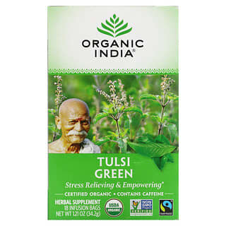 Organic India, شاي التولسي، الأخضر، 18 كيس نقع، 1.21 أوقية (34.2 جم)