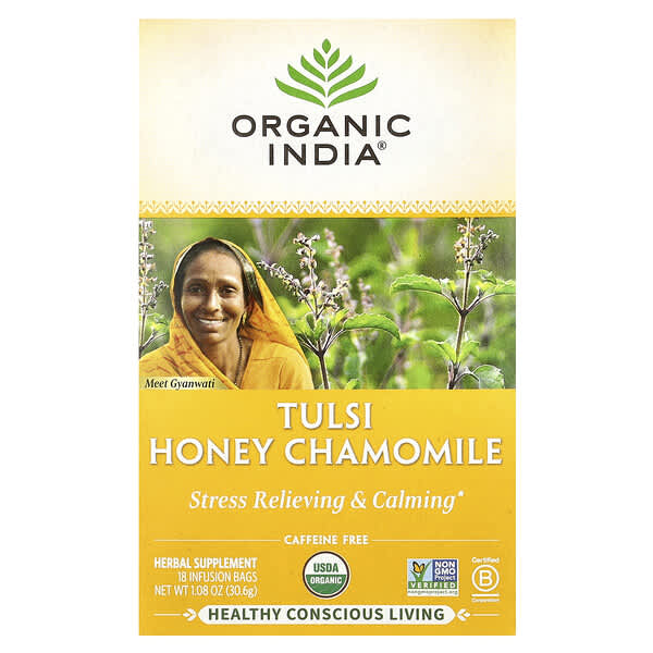 Organic India, Tulsi Honey Chamomile Tea, 무카페인, 18 티백, 30.6g(1.08oz)