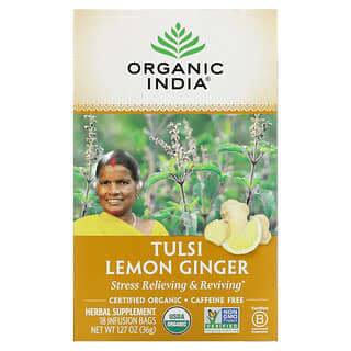 Organic India, شاي حبق رقيق الأزهار والليمون والزنجبيل، خالٍ من الكافيين، 18 كيس نقع، 1.27 أونصة (36 جم)