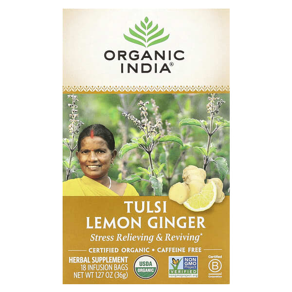 Organic India Tulsi Lemon Ginger Tea, Caffeine-Free, 18 Infusion Bags, 1.27 oz (36 g)