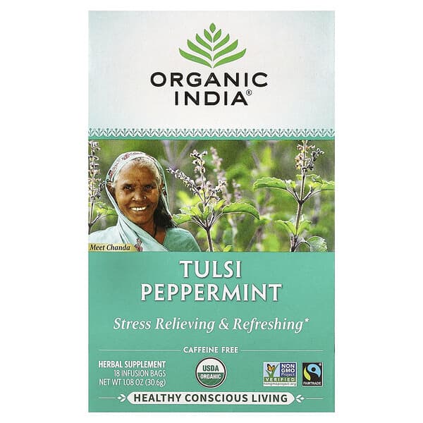 Organic India, 툴시 페퍼민트 차, 카페인 무함유, 티백 18개, 30.6g(1.08oz)