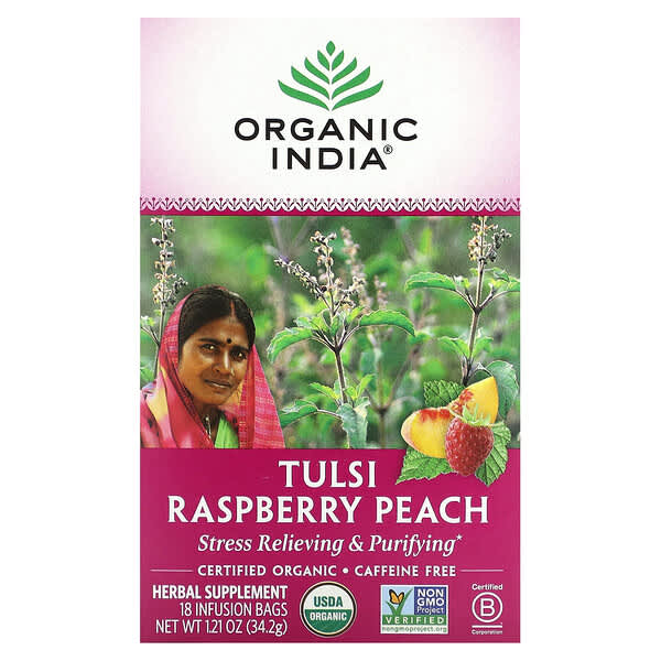 Organic India, トゥルシーラズベリーピーチ、カフェインフリー、18袋、34.2g（1.21オンス）