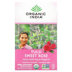 Organic India, ชาตุลซี รสสวีทโรส ปราศจากคาเฟอีน บรรจุ 18 ถุงชา ขนาด 1.01 ออนซ์ (28.8 ก.)