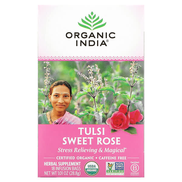 Organic India‏, תה Tulsi, ורד מתוק, נטול קפאין, 18 שקיות חליטה, 28.8 גרם (1.01 אונקיות)