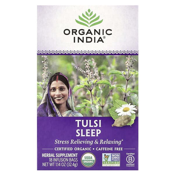 Organic India Tulsi Sleep Tea, Caffeine Free, 18 Infusion Bags, 1.14 oz (32.4 g)