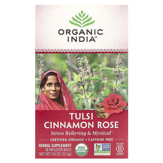 Organic India, Thé Tulsi, Cannelle et rose, Sans caféine, 18 sachets à infusion, 32,4 g