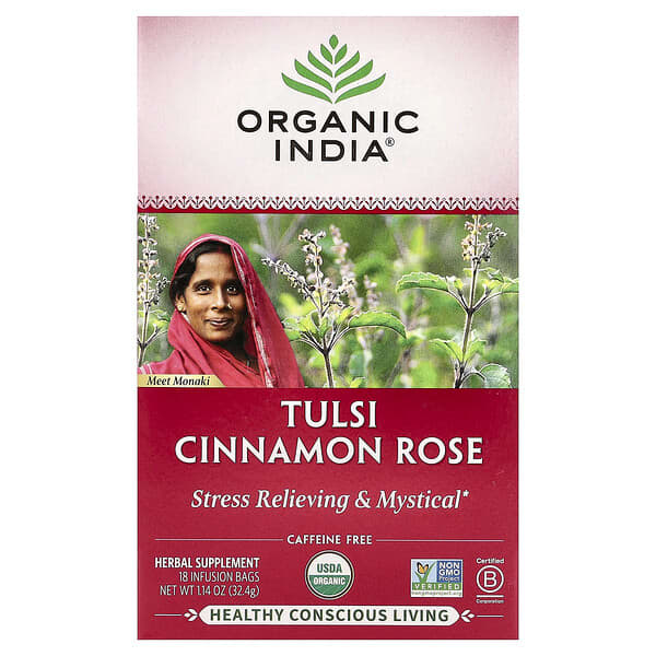 Organic India, Tulsi 시나몬 로즈 티, 카페인 무함유, 인퓨전 백 18개, 32.4g(1.14oz)