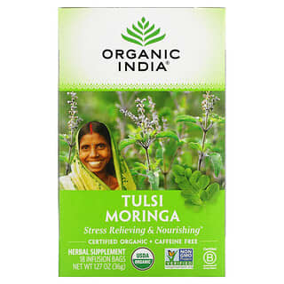 Organic India, شاي الحبق رقيق الأزهار والمورينجا، خالٍ من الكافيين، 18 كيس نقع، 1.27 أونصة (36 جرام)