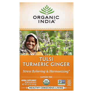 Organic India, Chá de Cúrcuma e Gengibre Tulsi, Sem Cafeína, 18 Saquinhos de Chá, 34,2 g (1,2 oz)