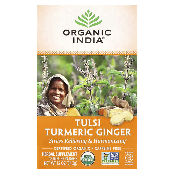 Organic India, Tulsi Turmeric Ginger Tea, Caffeine-Free, 18 Infusion Bags, 1.2 oz (34.2 g)