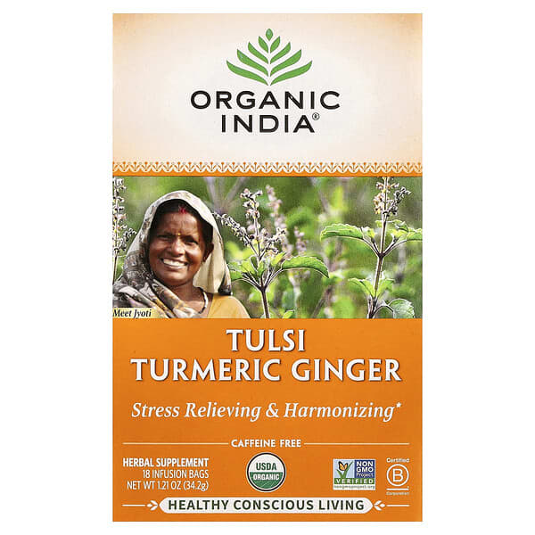 Organic India, Tulsi 강황 생강차, 카페인 무함유, 인퓨전 백 18개, 34.2g(1.2oz)