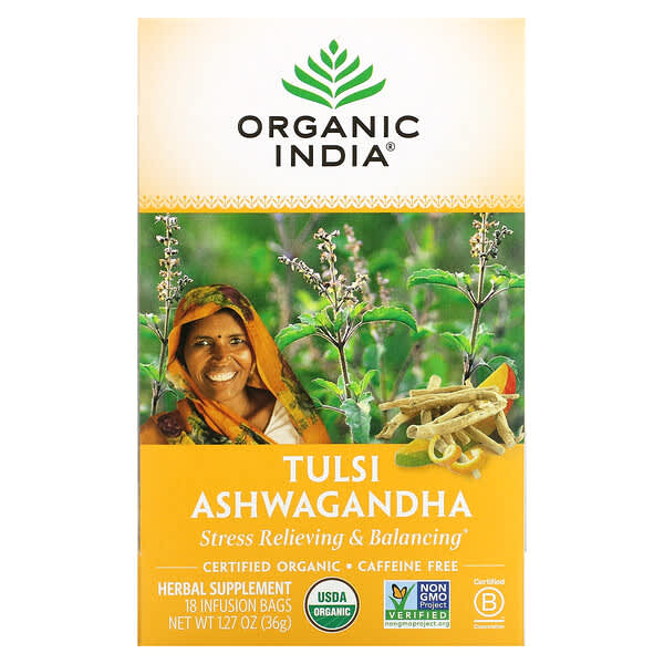 Organic India, トゥルシーティー、アシュワガンダ、カフェインフリー、18袋、36g（1.27オンス）