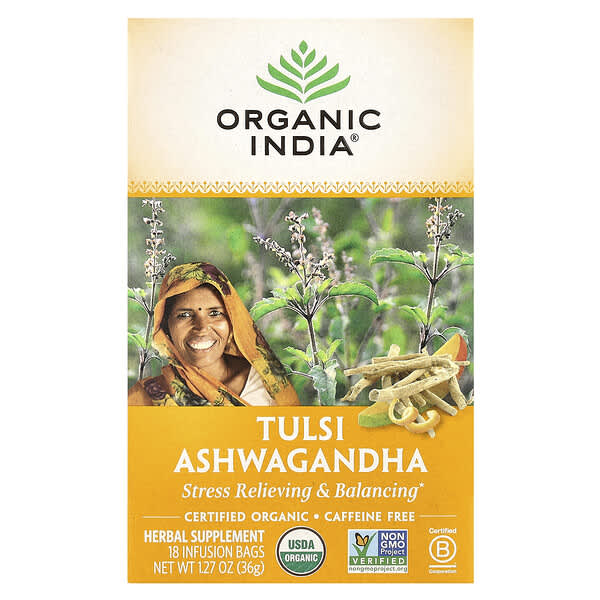 Organic India, トゥルシーティー、アシュワガンダ、カフェインフリー、18袋、36g（1.27オンス）
