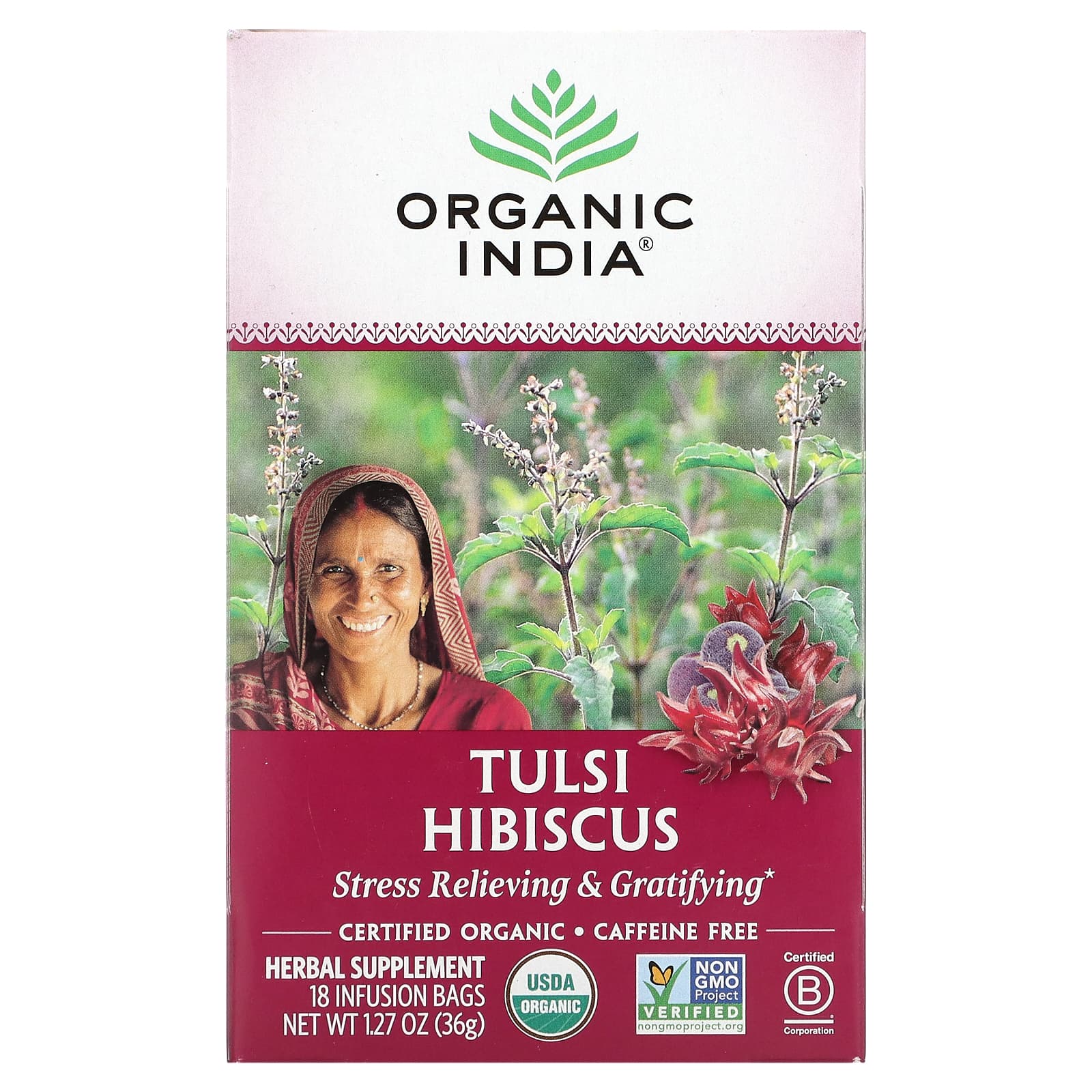 Organic India, Tulsi Tea, Hibiscus, Caffeine-Free, 18 Infusion Bags, 1.27 oz  (36 g)