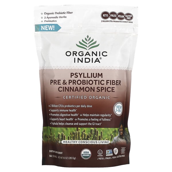 Organic India, オオバコ プレ＆プロバイオティクスファイバー、シナモンスパイス、283g（10オンス）