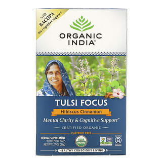 Organic India, Tulsi Focus 圖爾西假馬齒莧草本茶，木槿肉桂味，不含咖啡萃取，18 袋裝，1.27 盎司（36 克）