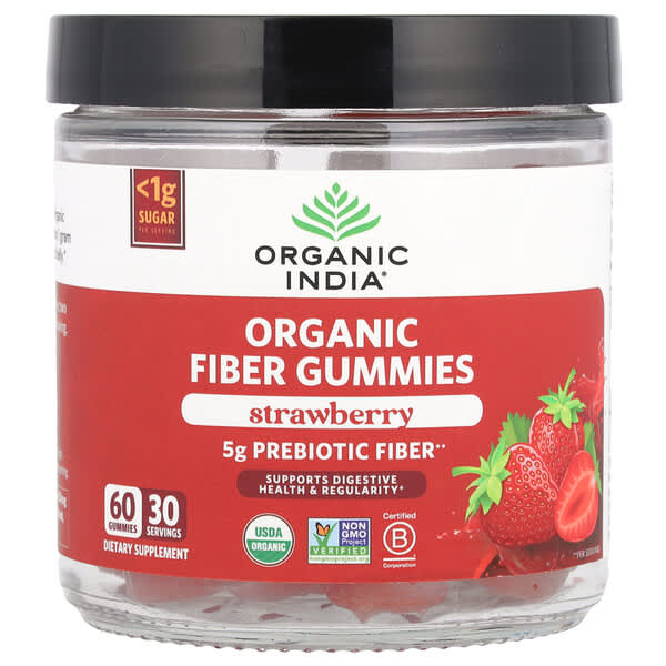 Organic India, 유기농 식이섬유 구미젤리, 딸기맛, 구미젤리 60개