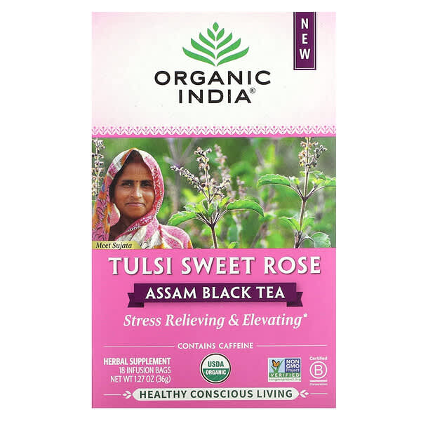 Organic India, 阿薩姆紅茶，圖爾西甜玫瑰，18 袋輸液袋，1.27 盎司（36 克）