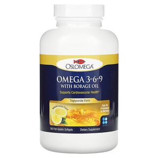 Oslomega, Omega-3, 6 y 9 de origen noruego con aceite de borraja, Sabor a limón, 180 cápsulas blandas de gelatina de pescado
