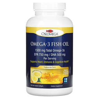 Oslomega, Aceite de pescado noruego con omega-3, 750 mg de EPA, 500 mg de DHA, Sabor natural a limón, 180 cápsulas blandas de gelatina de pescado