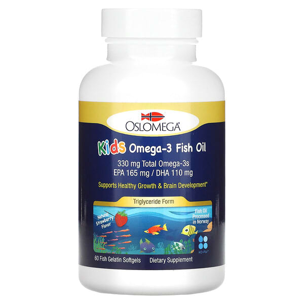 Oslomega, рыбий жир с омега-3 для детей, натуральный клубничный вкус, 60 капсул из рыбьего желатина