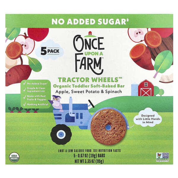 Once Upon A Farm, TractorWheels™, 유기농 토들러 소프트 베이크드, 사과, 고구마 & 시금치, 5팩, 개당 19g(0.67oz)