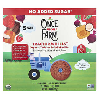 Once Upon A Farm, Меко запечено барче органично за малки деца, Tractor Wheels™, ягода, тиква и цвекло, 5 блокчета, 19 g (0,67 oz) всяко