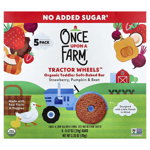 Once Upon A Farm, 트랙터 휠™, 유기농 토들러 소프트 베이크드 바, 딸기, 호박 및 비트, 바 5개, 각 19g(0.67oz)