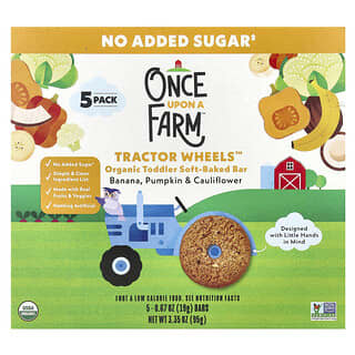 Once Upon A Farm, Tractor Wheels™, Organik Küçük Çocuklar İçin Yumuşak Pişmiş Bar, Muz, Balkabağı ve Karnabahar, 5'li Paket, Her Biri 0,67 oz (19 g)