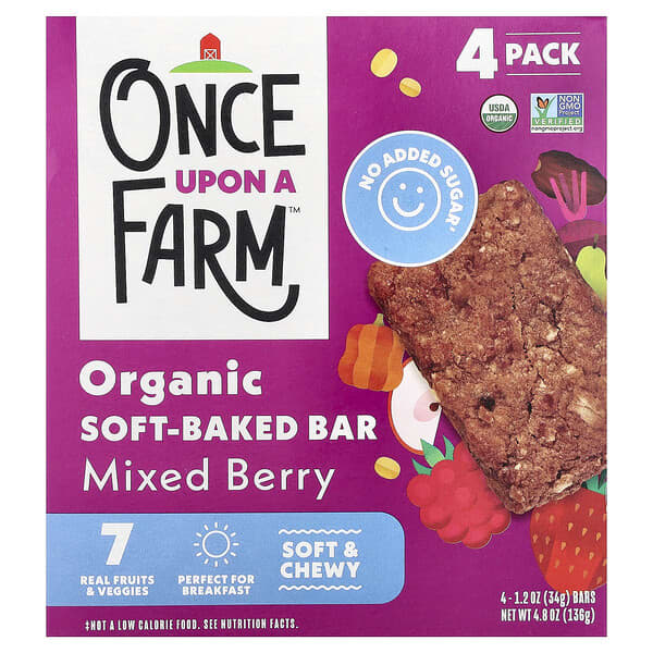 Once Upon A Farm, 有機軟烤零食棒，什錦漿果味，4 根，每根 1.2 盎司（34 克）