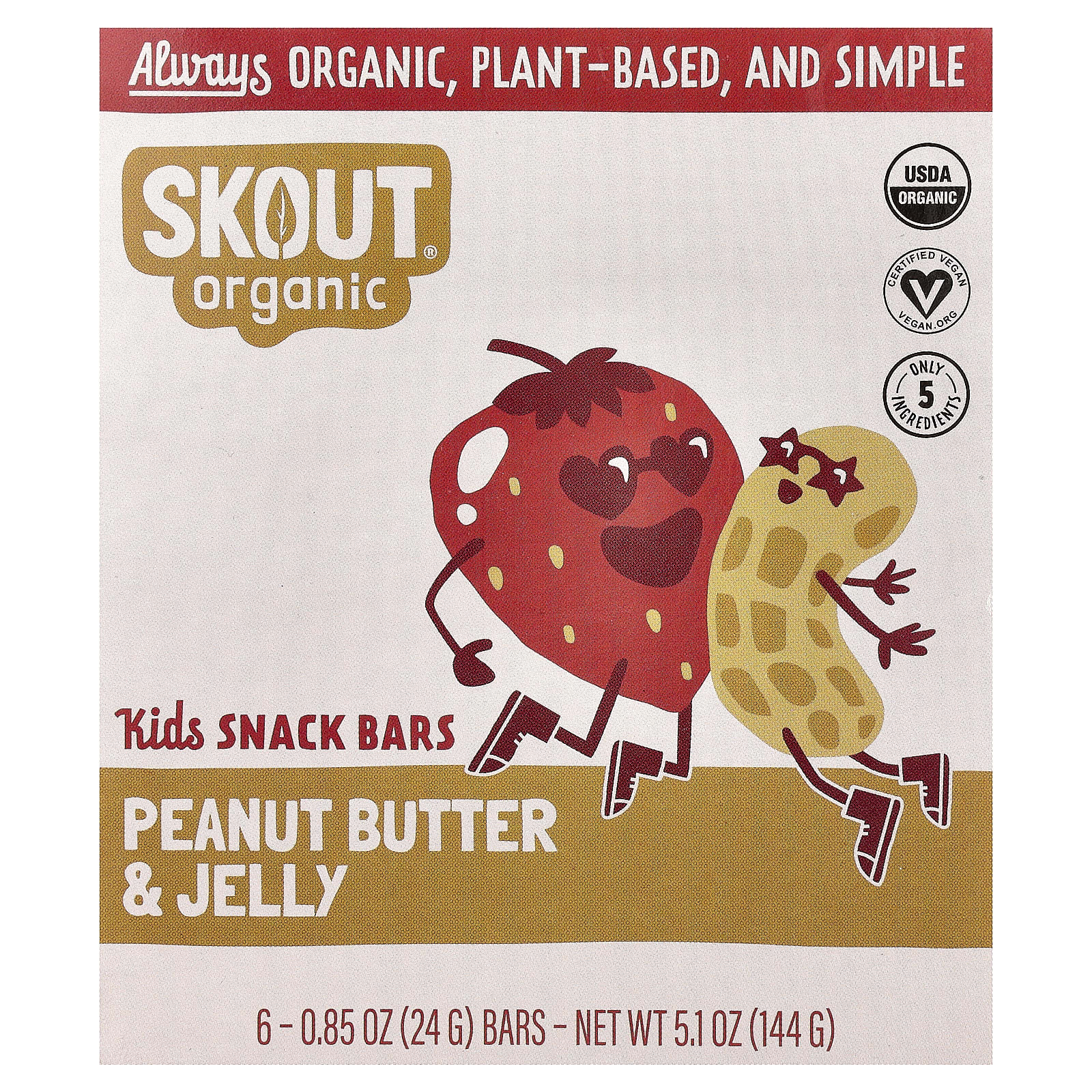 Skout Organic, детские батончики-снеки, арахисовая паста и желе, 6 батончиков по 24 г (0,85 унции)