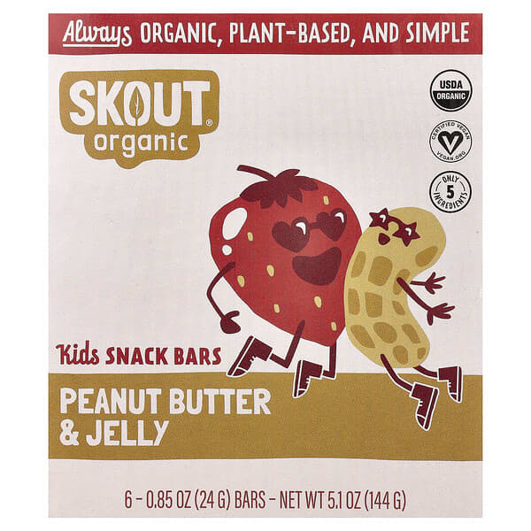 Skout Organic, สแน็คบาร์สำหรับเด็ก รสเนยถั่วและเจลลี่ บรรจุ 6 แท่ง แท่งละ 0.85 ออนซ์ (24 ก.)
