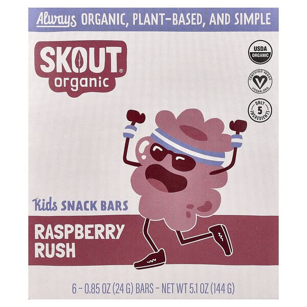 Skout Organic, สแน็คบาร์สำหรับเด็ก ราสเบอร์รี่รัช บรรจุ 6 แท่ง แท่งละ 0.85 ออนซ์ (24 ก.)