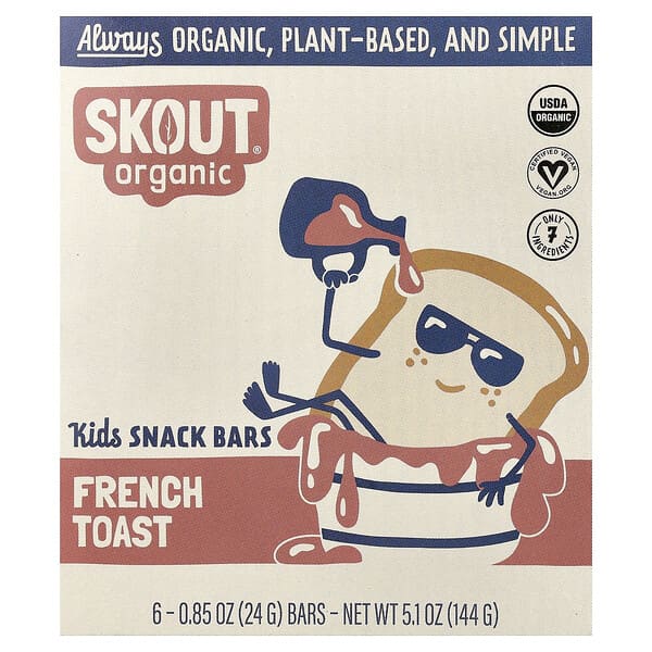 Skout Organic, สแน็คบาร์สำหรับเด็ก เฟรนช์โทสต์ บรรจุ 6 แท่ง แท่งละ 0.85 ออนซ์ (24 ก.)