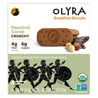 Olyra, Biscuits biologiques pour le petit-déjeuner, Noisette et caroube, 4 paquets de 37,5 g chacun