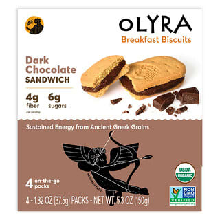 Olyra, Galletas orgánicas para el desayuno, Sándwich de chocolate negro, 4 paquetes, 37,5 g (1,32 oz) cada uno