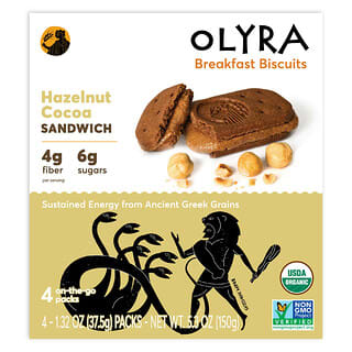 Olyra, органическое печенье для завтрака, сэндвич с фундуком и какао, 4 упаковки по 37,5 г (1,32 унции)