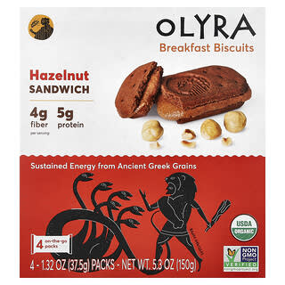 Olyra, органическое печенье для завтрака, сэндвич с фундуком и какао, 4 упаковки по 37,5 г (1,32 унции)