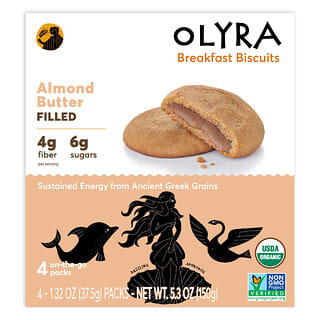 Olyra, Biscotti biologici per la colazione, ripieni di crema di burro di mandorle, 4 buste da 37,5 g ciascuna