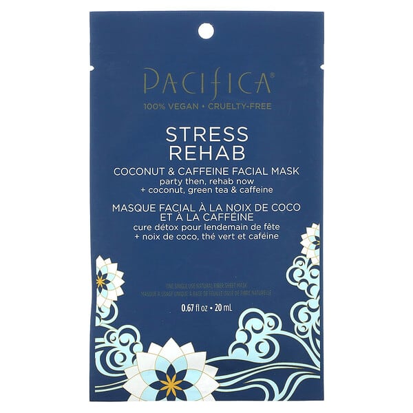 Pacifica, Stress Rehab, Mascarilla facial de belleza con coco y cafeína, Mascarilla en 1 lámina, 20 ml (0,67 oz. Líq.)