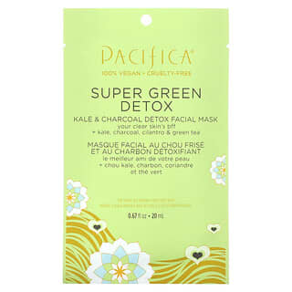 Pacifica‏, Super Green Detox, מסכת יופי לפנים, קייל ופחם, מסכת בד 1, 20 מ“ל (0.67 אונקיות נוזל)