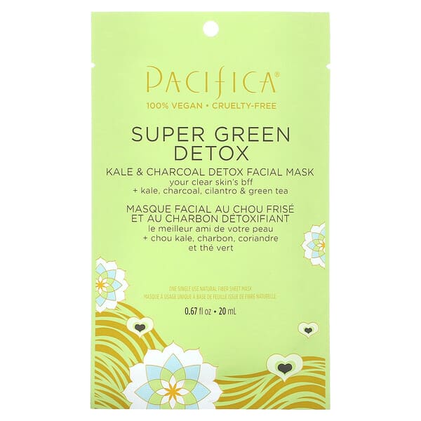 Pacifica, Super Green Detox, Beauty Facial Mask, Kale &amp; Charcoal, 1 Sheet Mask, 0.67 fl oz (20 ml)