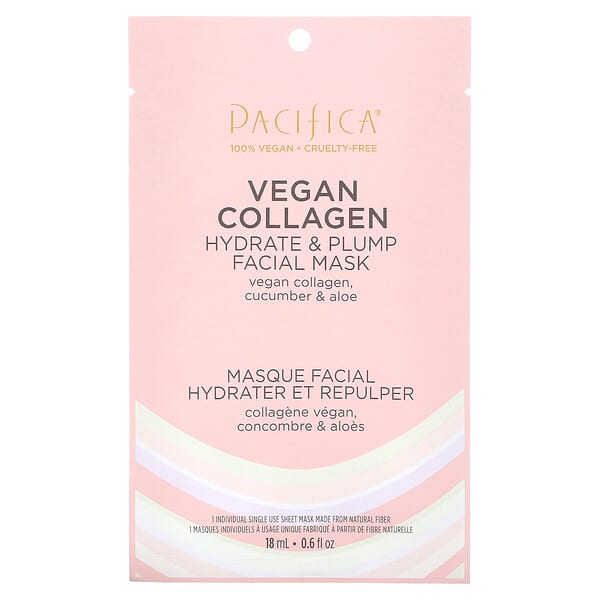 Pacifica, Hydrate &amp; Plump Beauty Facial Mask, Vegan Collagen, 1 Sheet Mask, 0.6 fl oz (18 ml)