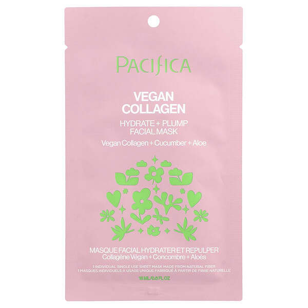 Pacifica, 하이드레이트 & 플럼프 뷰티 페이셜 마스크, 비건 콜라겐, 시트 마스크 1개, 18ml(0.6fl oz)