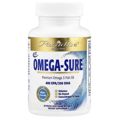 Paradise Herbs, Omega Sure®, Premium Omega-3 Fish Oil, 1000 mg, 30 Pesco Vegetarian Softgels