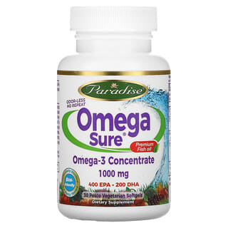 Paradise Herbs, Omega seguro, Concentrado de omega-3, 1000 mg, 30 cápsulas blandas vegetales Pesco